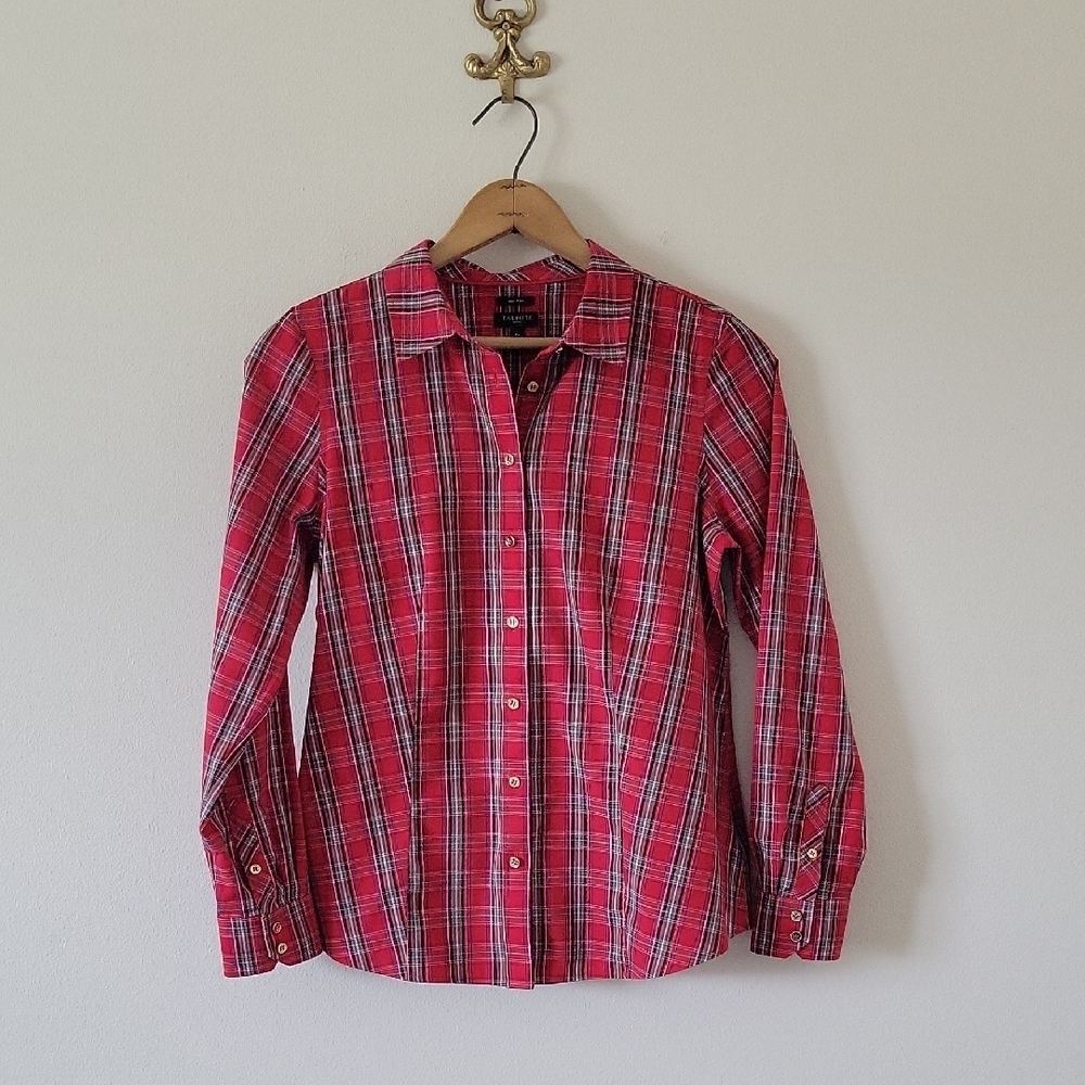 Talbots Red Holiday Plaid Long Sleeve Button Down Shirt Size 6P PETITE